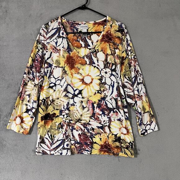 Chicos Blouse Floral Fall Top Gold Orange Purple Womens XL V-neck - Picture 1 of 8